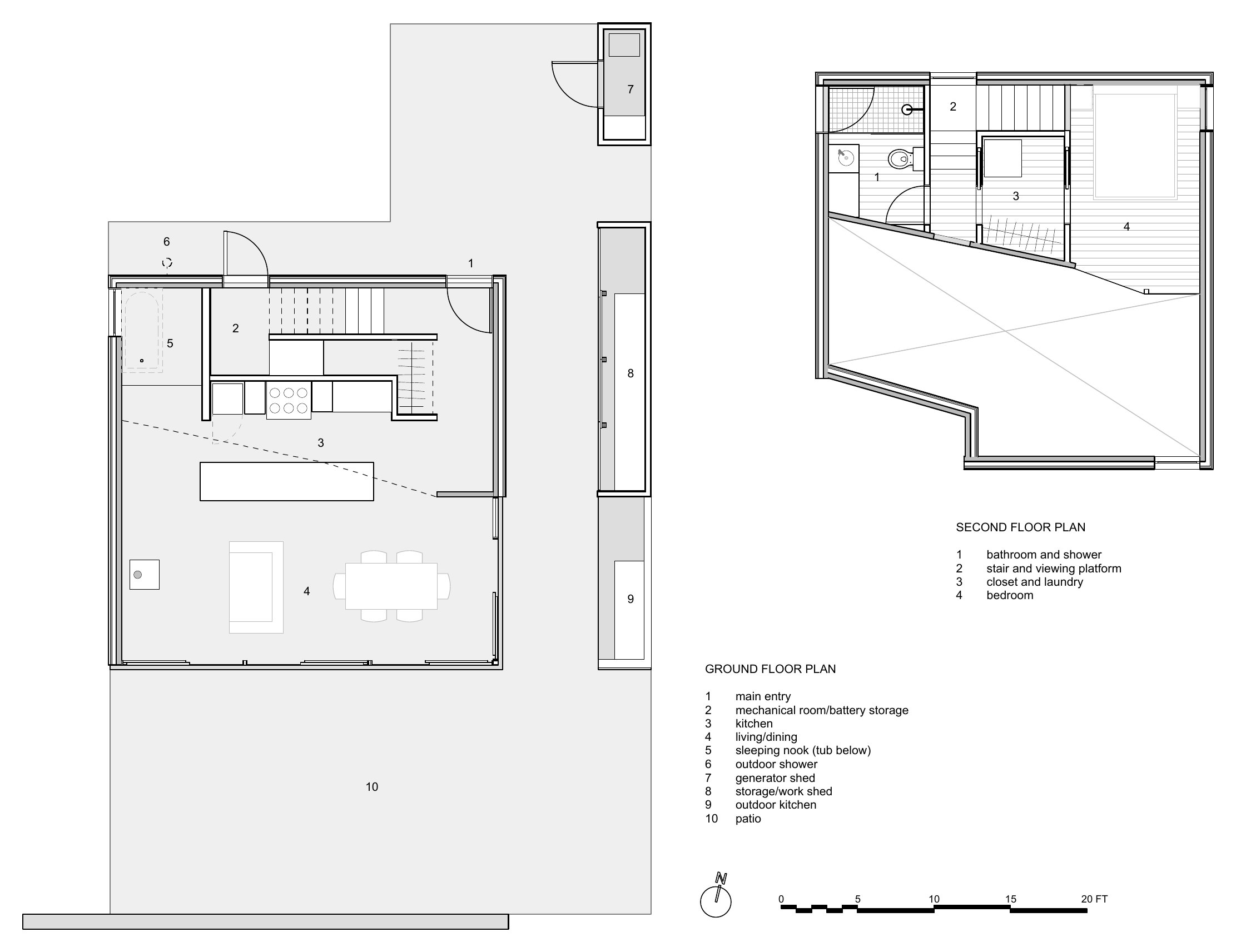 Ground floor and second floor plans of Sky House with numbered rooms