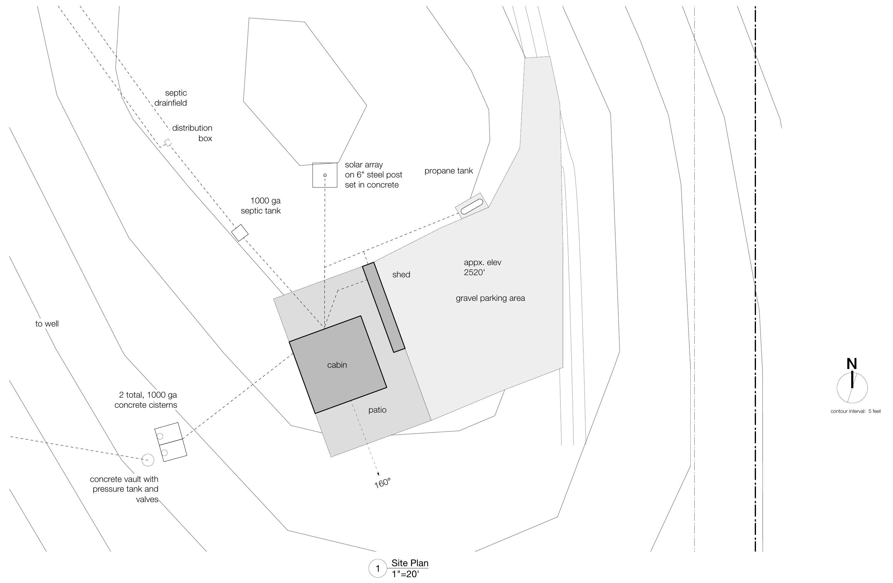 Site plan showing the cabin, shed, patio, parking, solar array, propane tank, septic system and cisterns